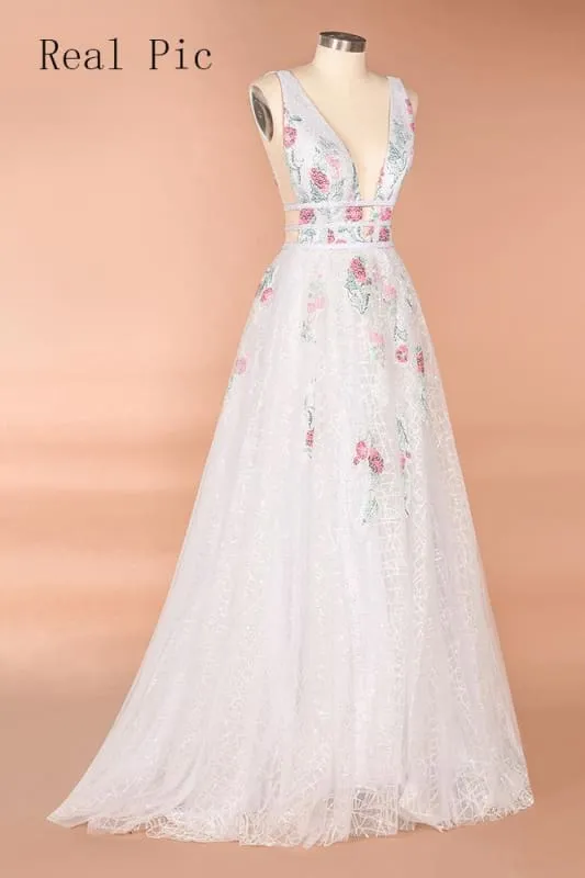 A Line V Neck Ivory Lace Prom Flowers Long Evening Dresses with Appliques