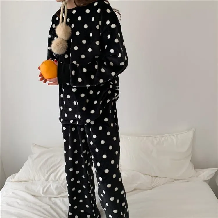 Black White Plush Comfy Polka Dot 2 Piece Pajama Set