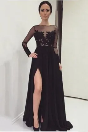 Bridelily A-Line Black Long Sleeve Tulle Lace Evening Dress Latest Sweep Train Side Slit Prom Dresses TB0258