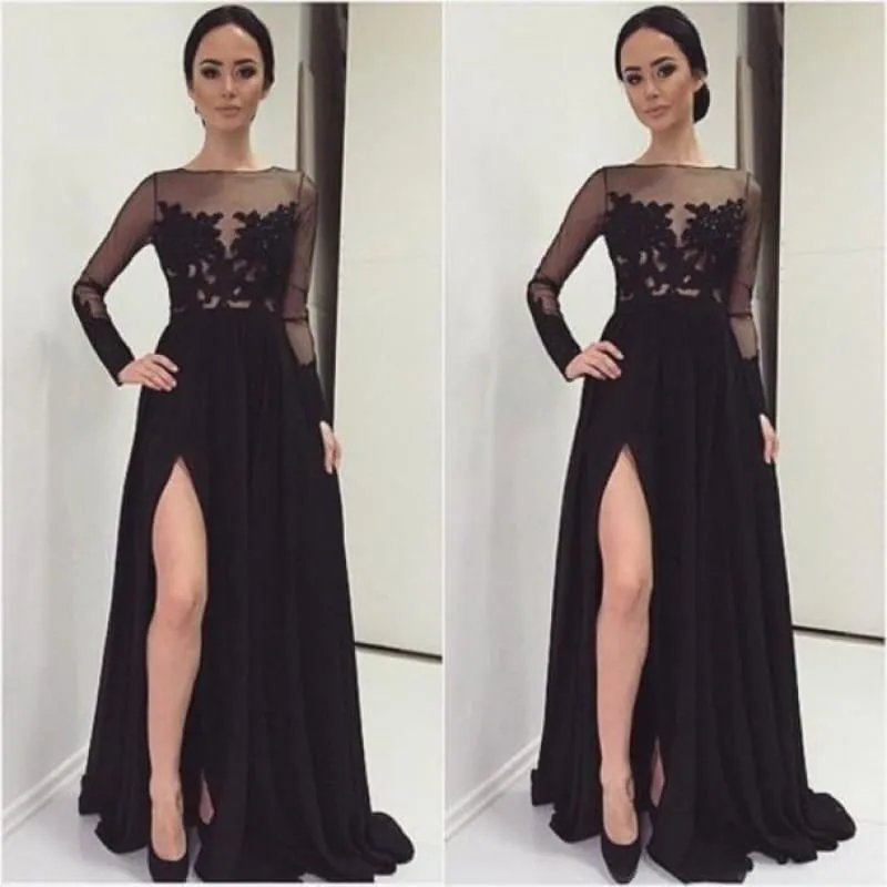 Bridelily A-Line Black Long Sleeve Tulle Lace Evening Dress Latest Sweep Train Side Slit Prom Dresses TB0258