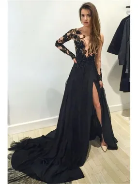 Bridelily A-Line Chiffon Bateau Long Sleeves Court Train With Lace Dresses