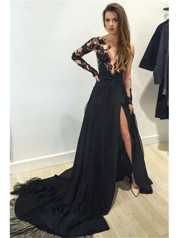 Bridelily A-Line Chiffon Bateau Long Sleeves Court Train With Lace Dresses