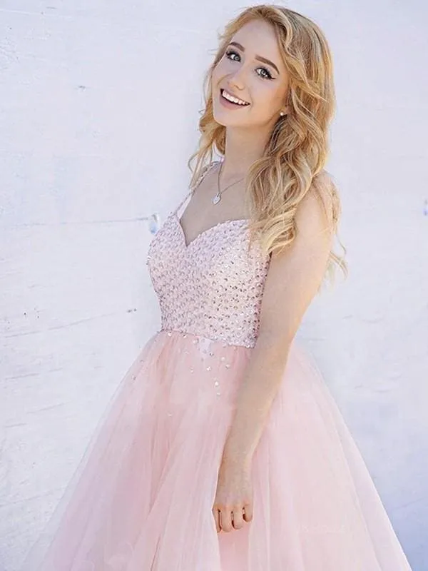 Bridelily A-Line Sleeveless Straps Tulle With Beading Short/Mini Prom Dresses