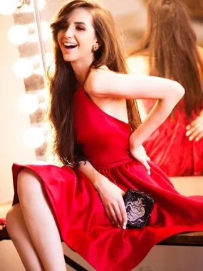 Bridelily A-Line With Ruched Halter Satin Sleeveless Short/Mini Dresses
