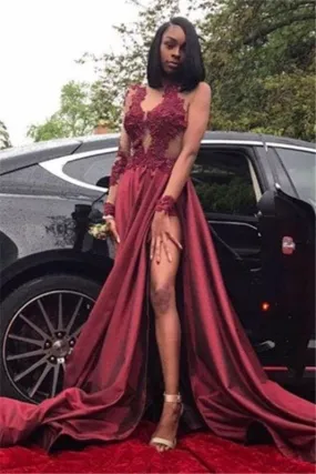 Bridelily Burgundy A-Line Long Sleeves Prom Dresses 2019 Appliques Side Slit Evening Dresses SK0107