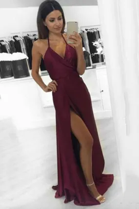 Bridelily Burgundy Halter-V-Neck Backless A-line Side-Slit Prom Dresses
