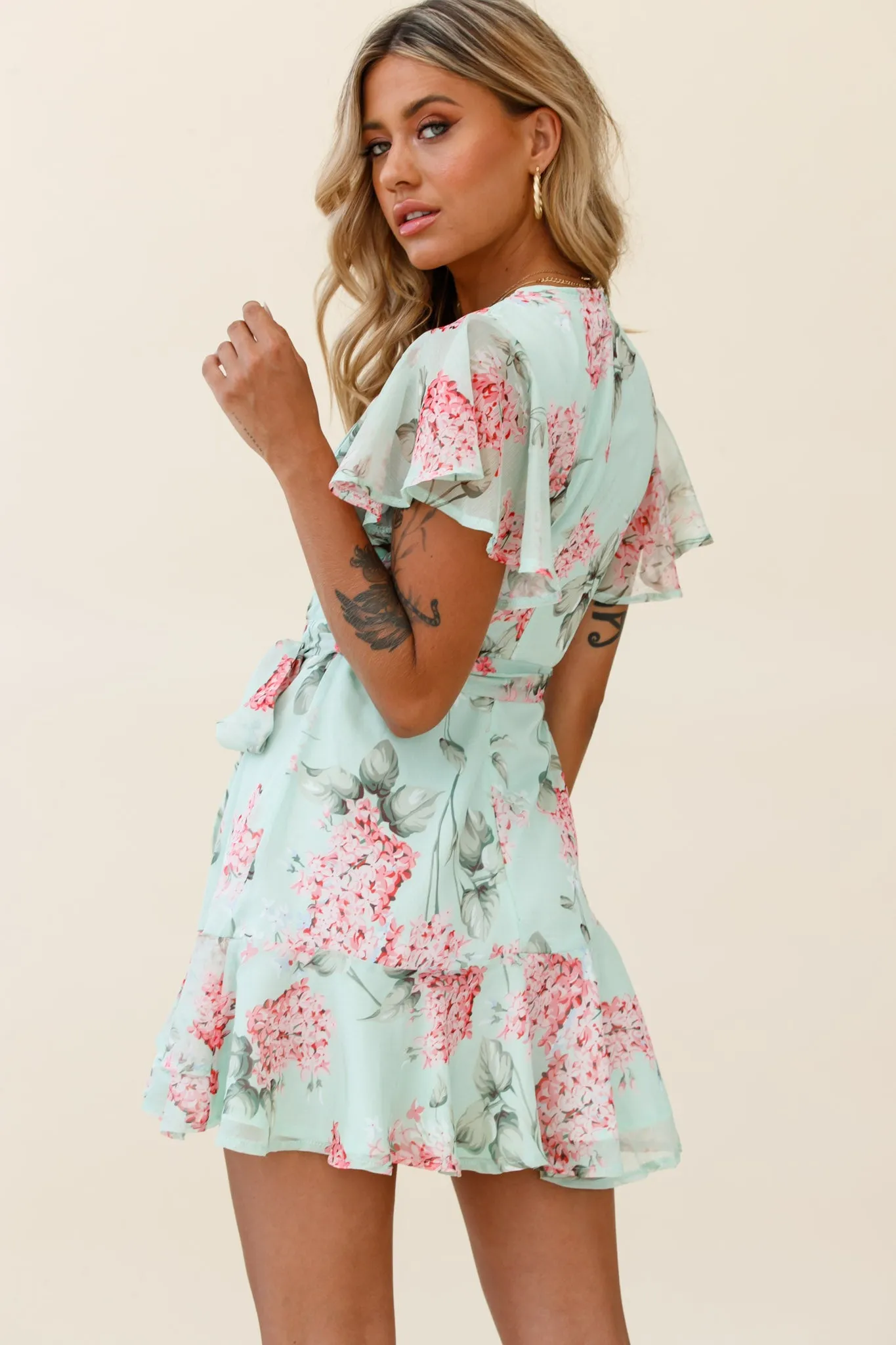Cami Angel Sleeve Faux Wrap Dress Hydrangea Print Mint/Pink