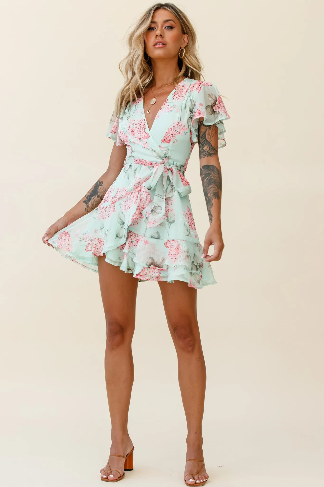 Cami Angel Sleeve Faux Wrap Dress Hydrangea Print Mint/Pink