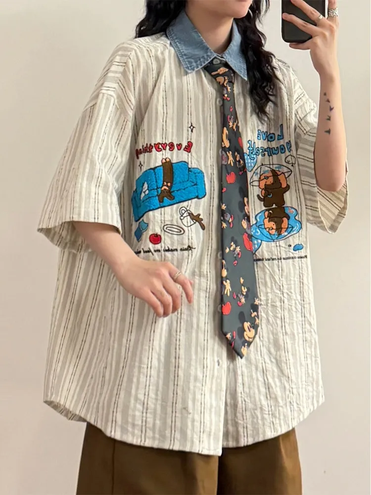 Casual Preppy Style Playful Cartoon Embroidered Striped Short-Sleeve Shirt