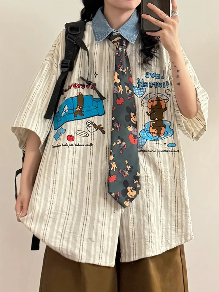Casual Preppy Style Playful Cartoon Embroidered Striped Short-Sleeve Shirt