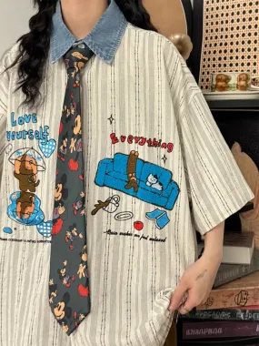 Casual Preppy Style Playful Cartoon Embroidered Striped Short-Sleeve Shirt