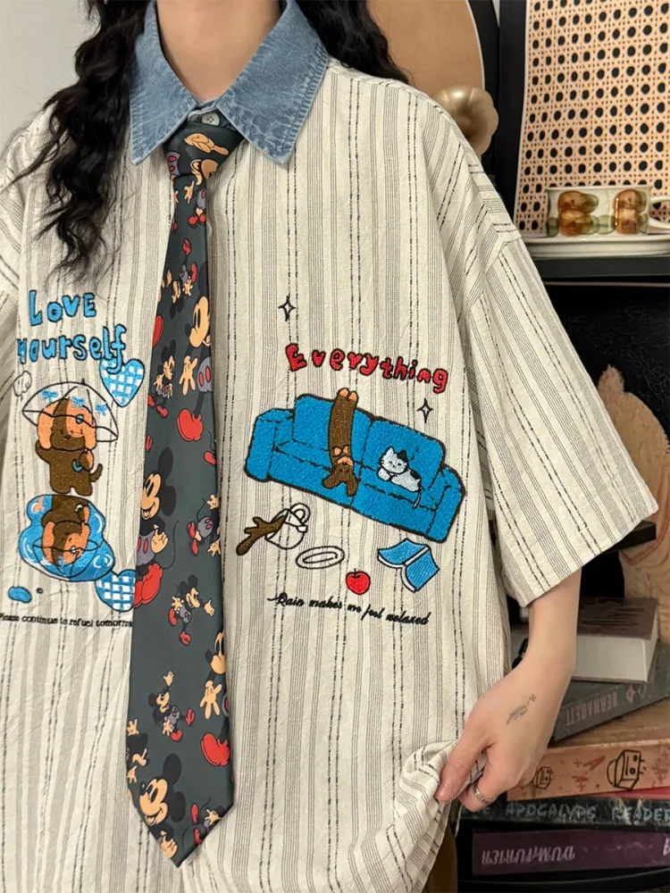 Casual Preppy Style Playful Cartoon Embroidered Striped Short-Sleeve Shirt