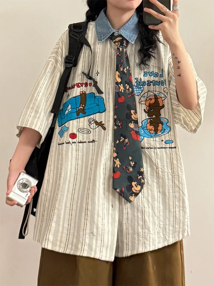Casual Preppy Style Playful Cartoon Embroidered Striped Short-Sleeve Shirt