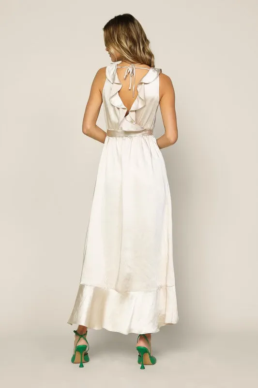 Champagne Sleeveless Ruffled Satin Wrap Maxi Dress