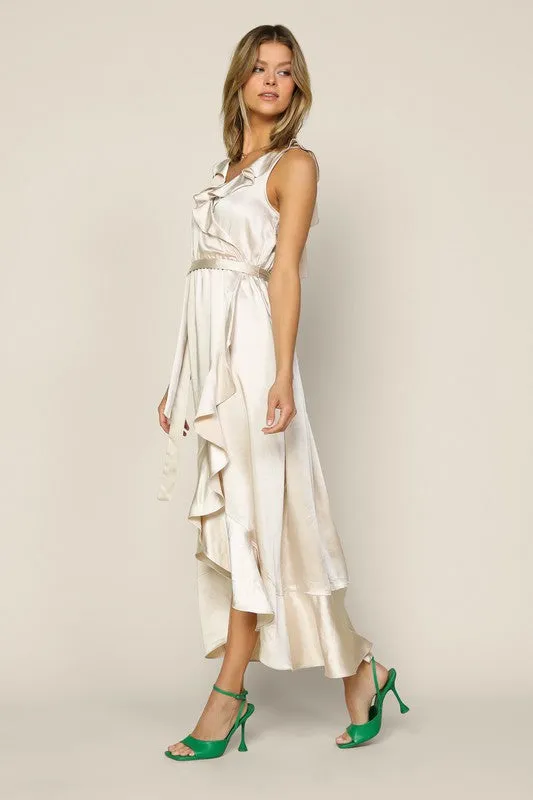 Champagne Sleeveless Ruffled Satin Wrap Maxi Dress