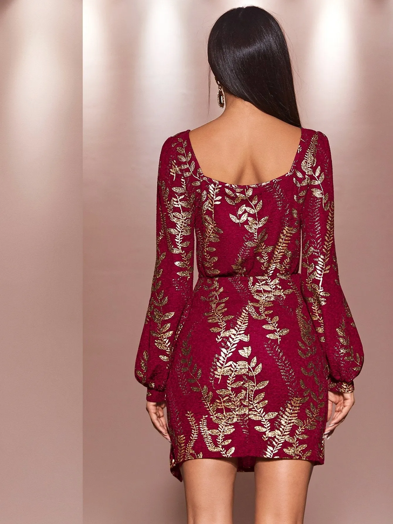Gold Plant Print Ruched Wrap Hem Dress