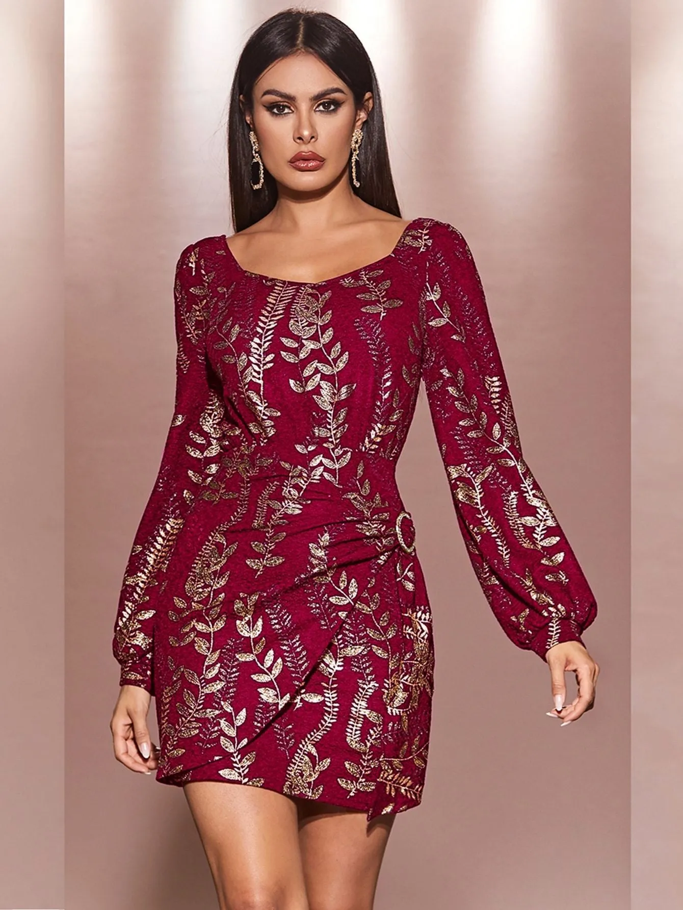 Gold Plant Print Ruched Wrap Hem Dress