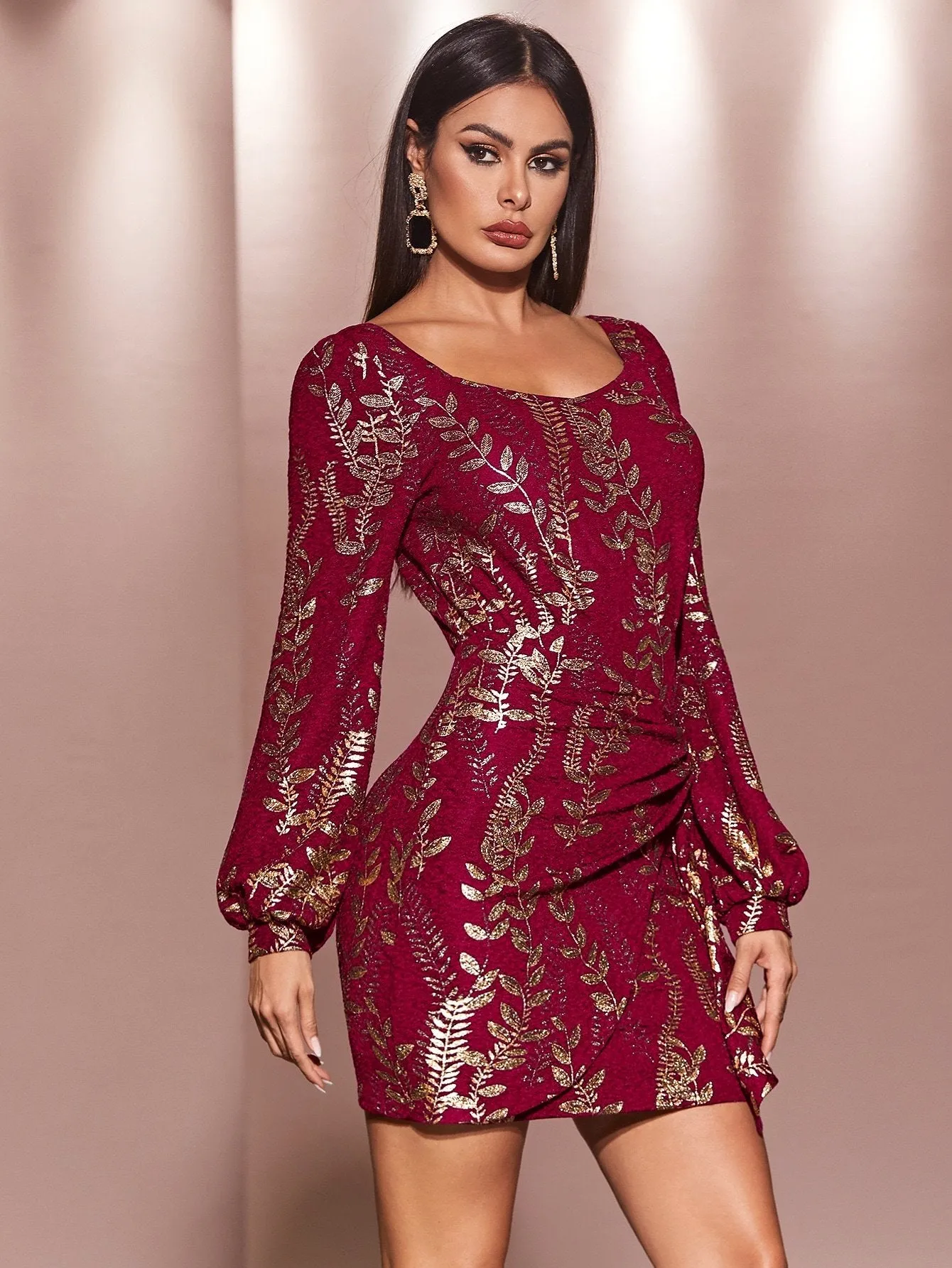 Gold Plant Print Ruched Wrap Hem Dress