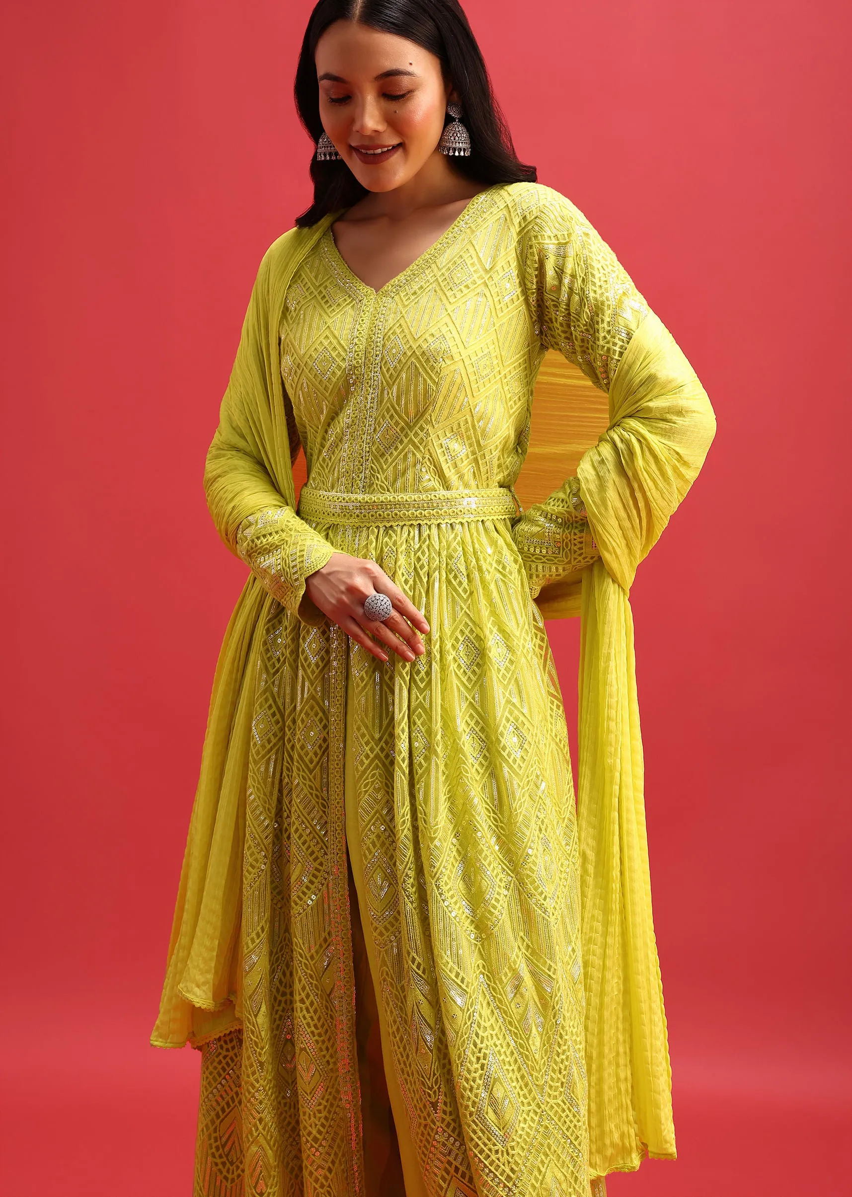 Green Anarkali Suit With Dupatta In Sequin Work