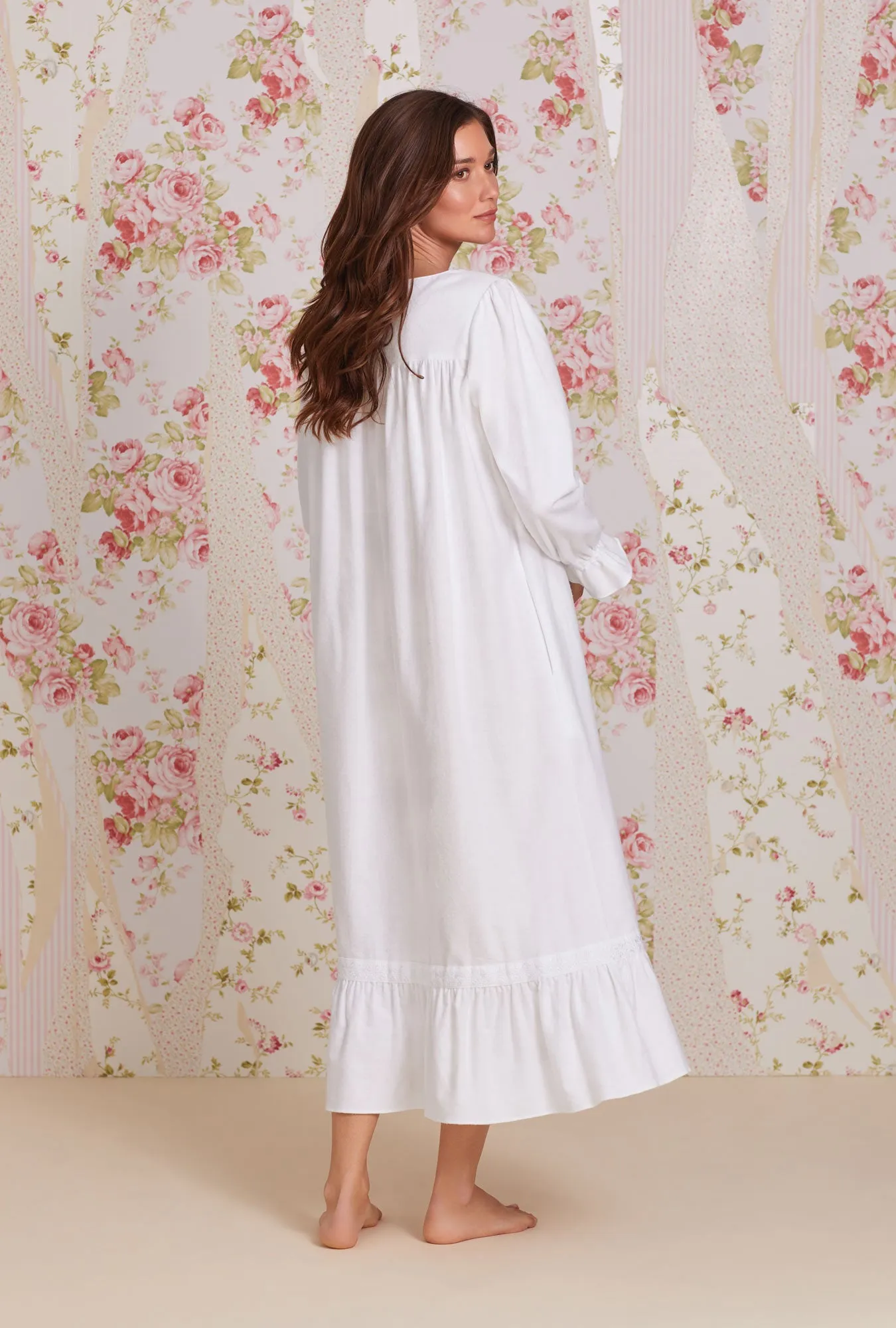 Heritage Cotton Flannel Embroidery Long Nightgown- White