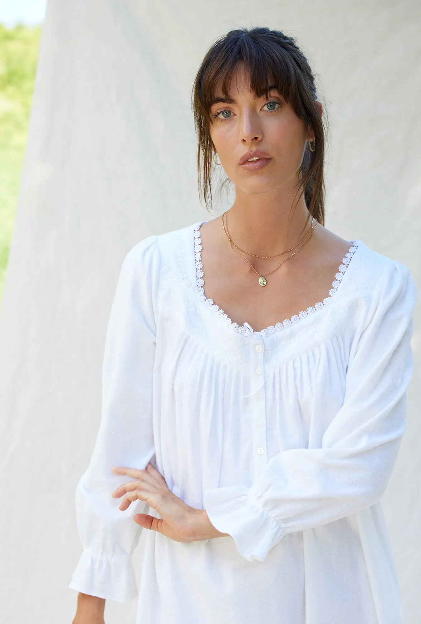 Heritage Cotton Flannel Embroidery Long Nightgown- White