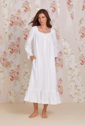 Heritage Cotton Flannel Embroidery Long Nightgown- White
