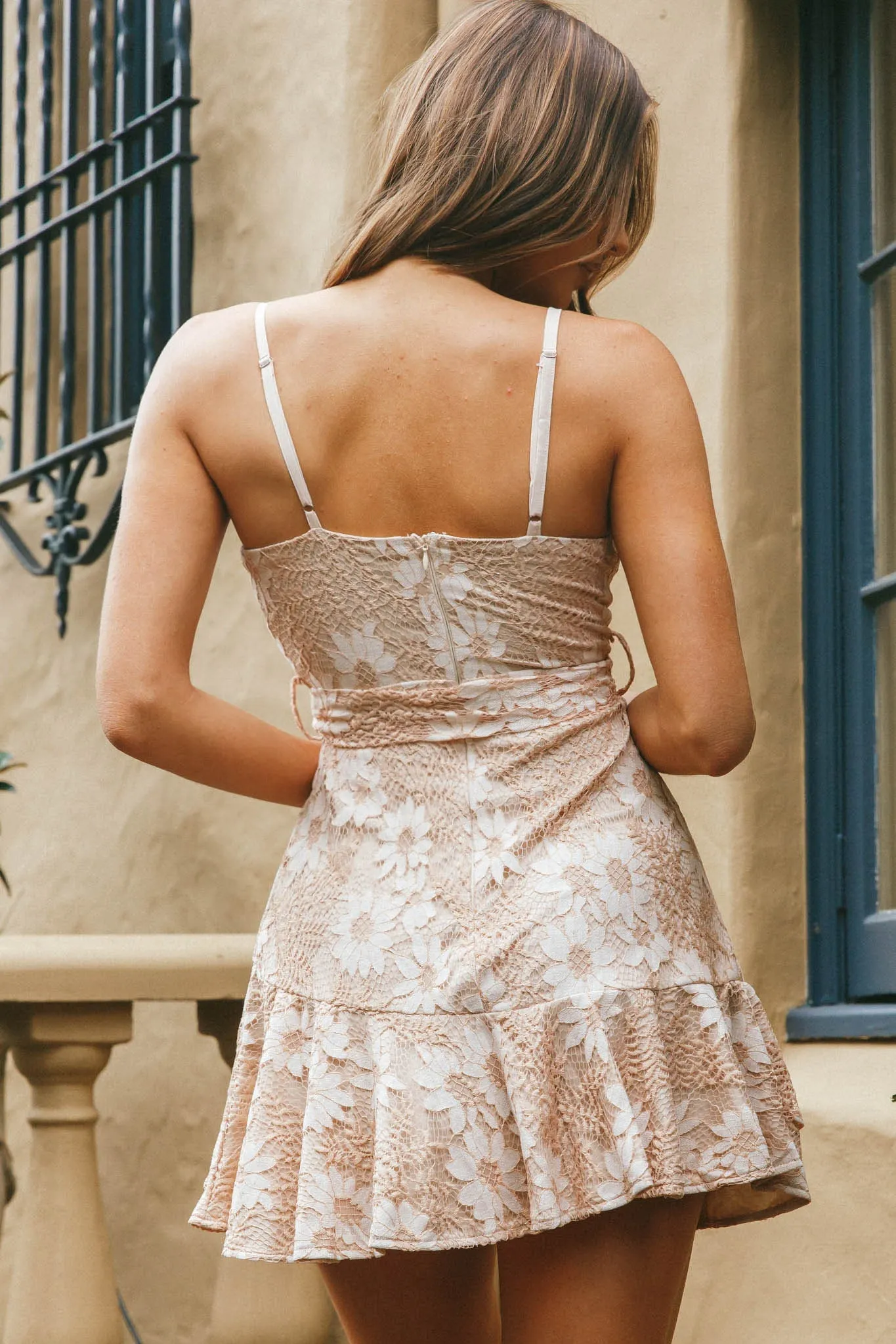 Khandi Wrap Ruffle Lace Dress Blush