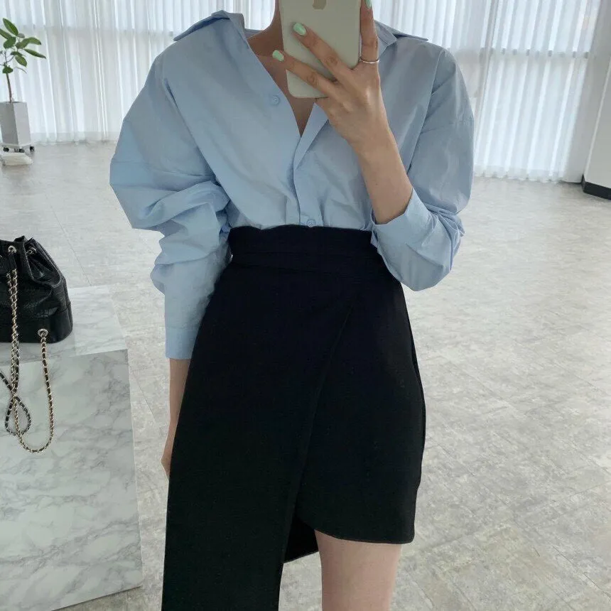 [Korean Style] Kellie Solid Color Shirt w/ Irregular Wrap Mini Skirt 2 pc Set