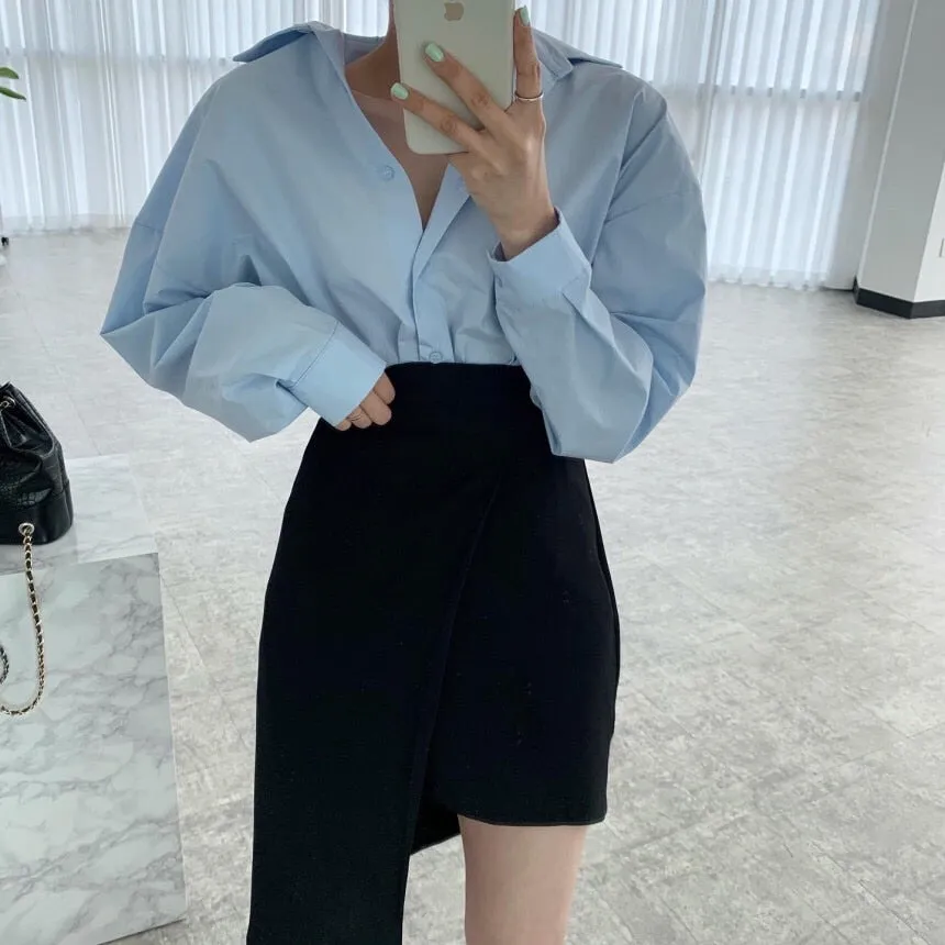 [Korean Style] Kellie Solid Color Shirt w/ Irregular Wrap Mini Skirt 2 pc Set