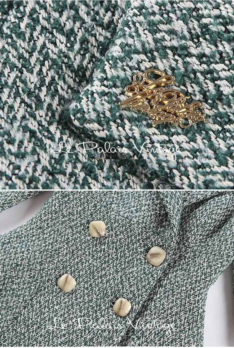 LE PALAIS VINTAGE retro ageing waist puff sleeve  wool Tweed green short double breasted coat dress
