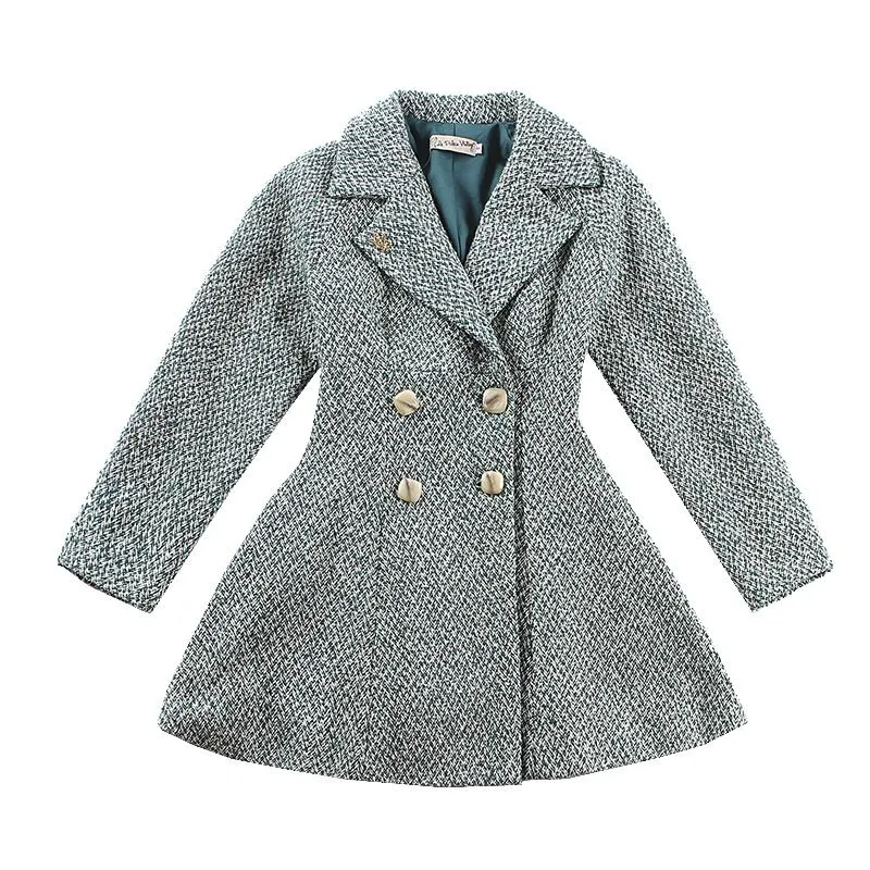 LE PALAIS VINTAGE retro ageing waist puff sleeve  wool Tweed green short double breasted coat dress