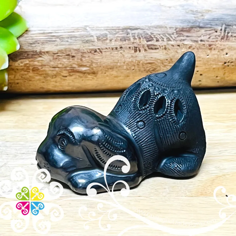 Mini Playful Puppy Black Clay Figure - Barro Negro Oaxaca