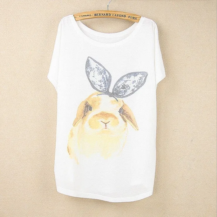New summer T shirt women style thin plus size loose batwing sleeve women's T-shirt cat kiss Fish print Top Tees