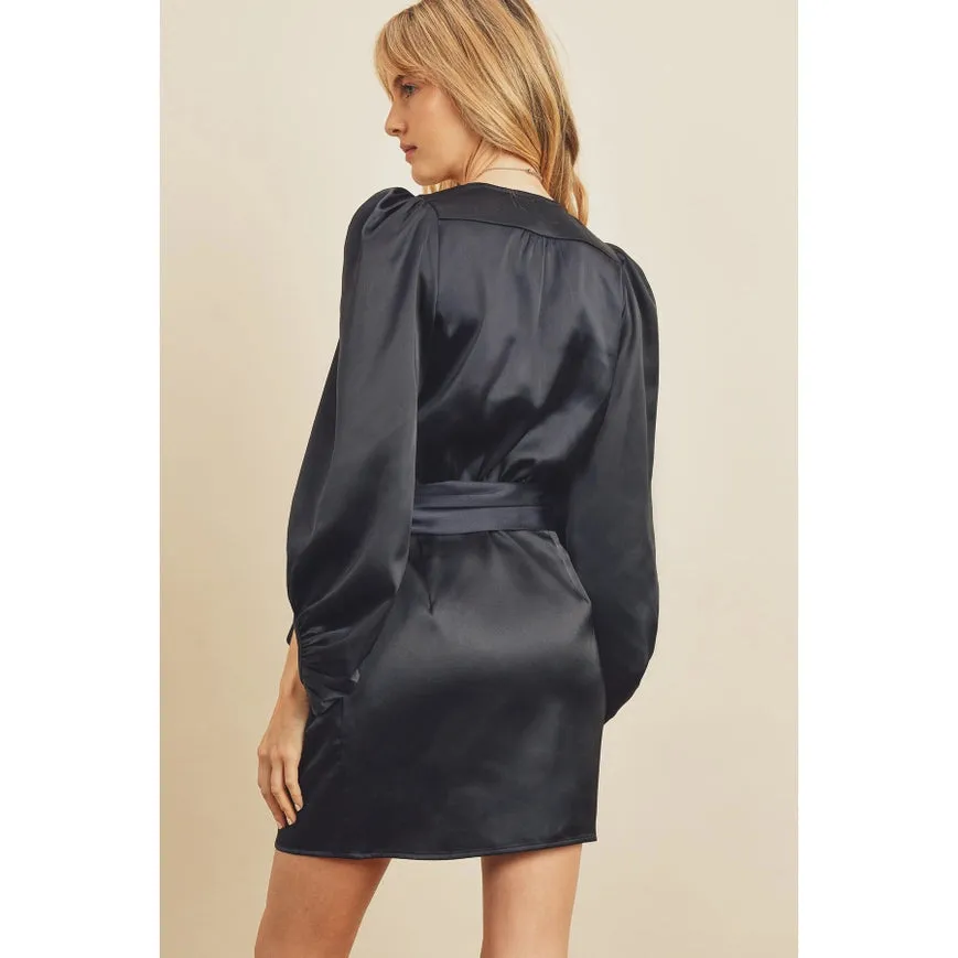 Pleated Shoulder Wrap Mini Dress