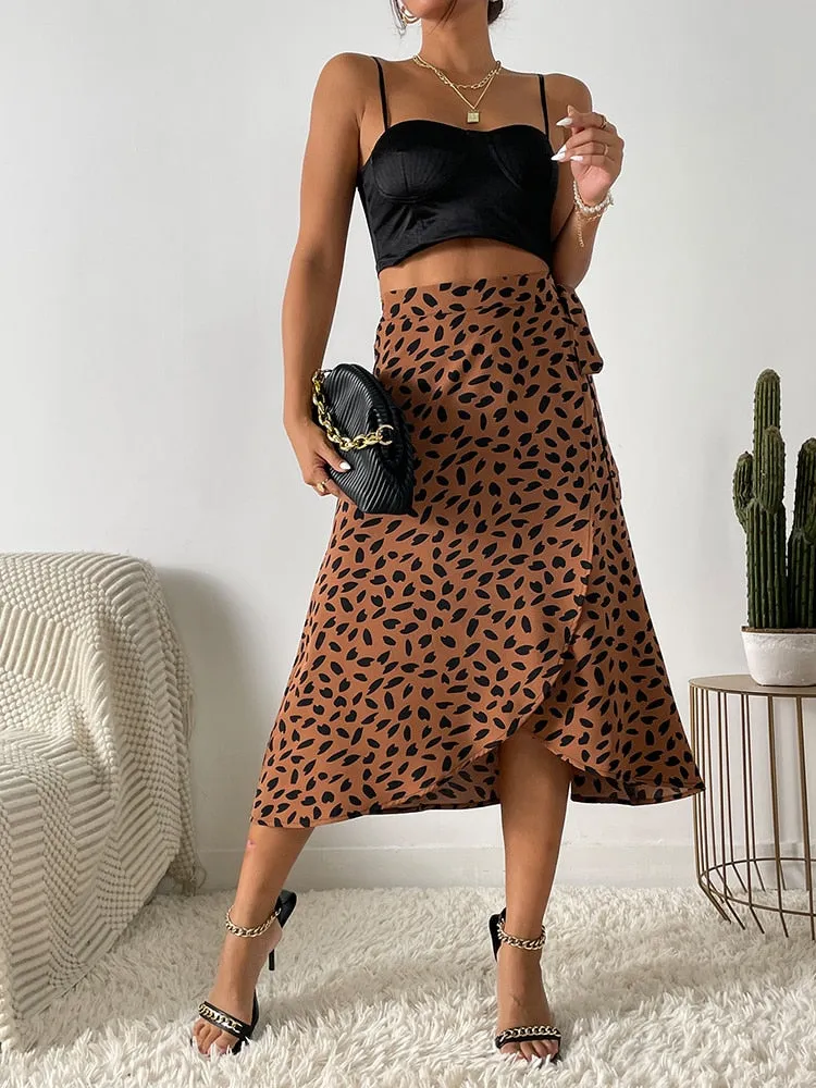 Women Casual Print Tie Side Wrap Skirt Elegant High Waist Female Summer Asymmetrical Knee Length A-Line Skirts