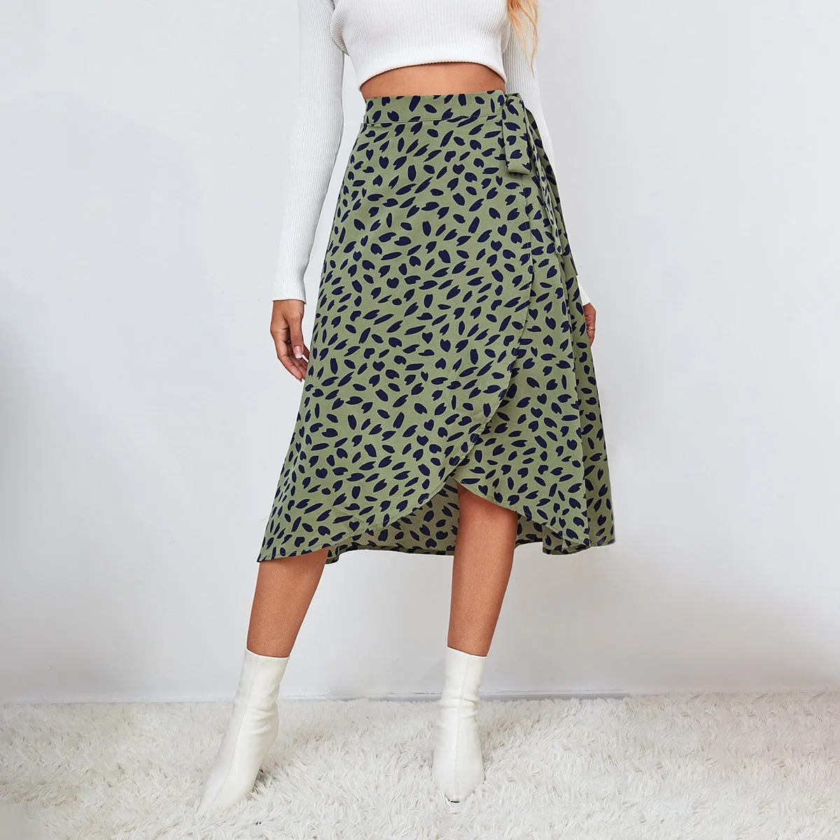 Women Casual Print Tie Side Wrap Skirt Elegant High Waist Female Summer Asymmetrical Knee Length A-Line Skirts
